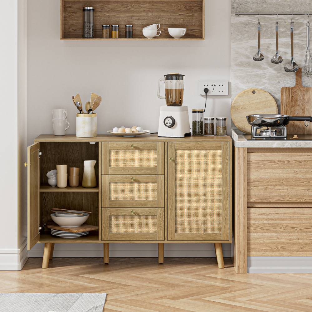 Rattan Sideboard Buffet Cabinet, 3 Drawers and 2 Doors