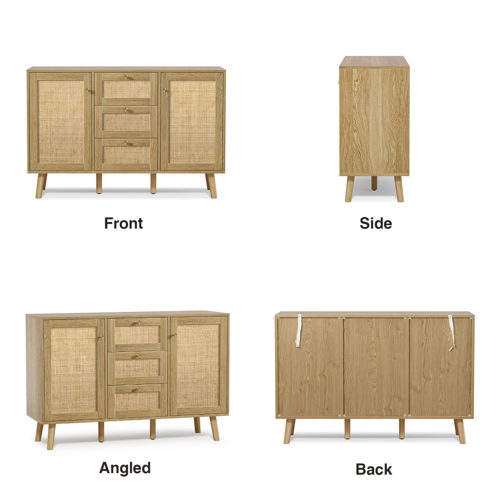 Rattan Sideboard Buffet Cabinet, 3 Drawers and 2 Doors
