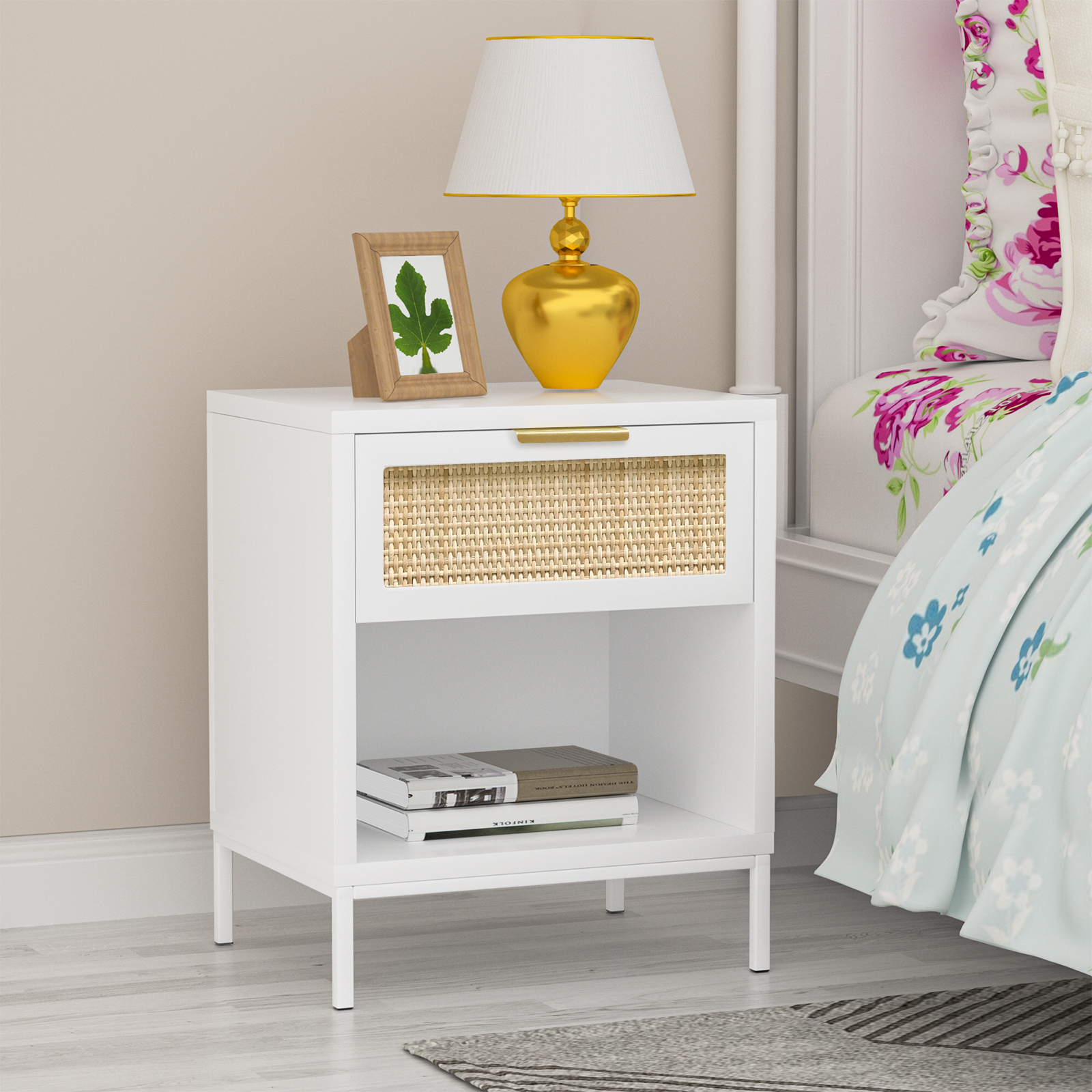 Anmytek Wood Nightstand 24" H End Table with Storage Drawer and Open Shelf