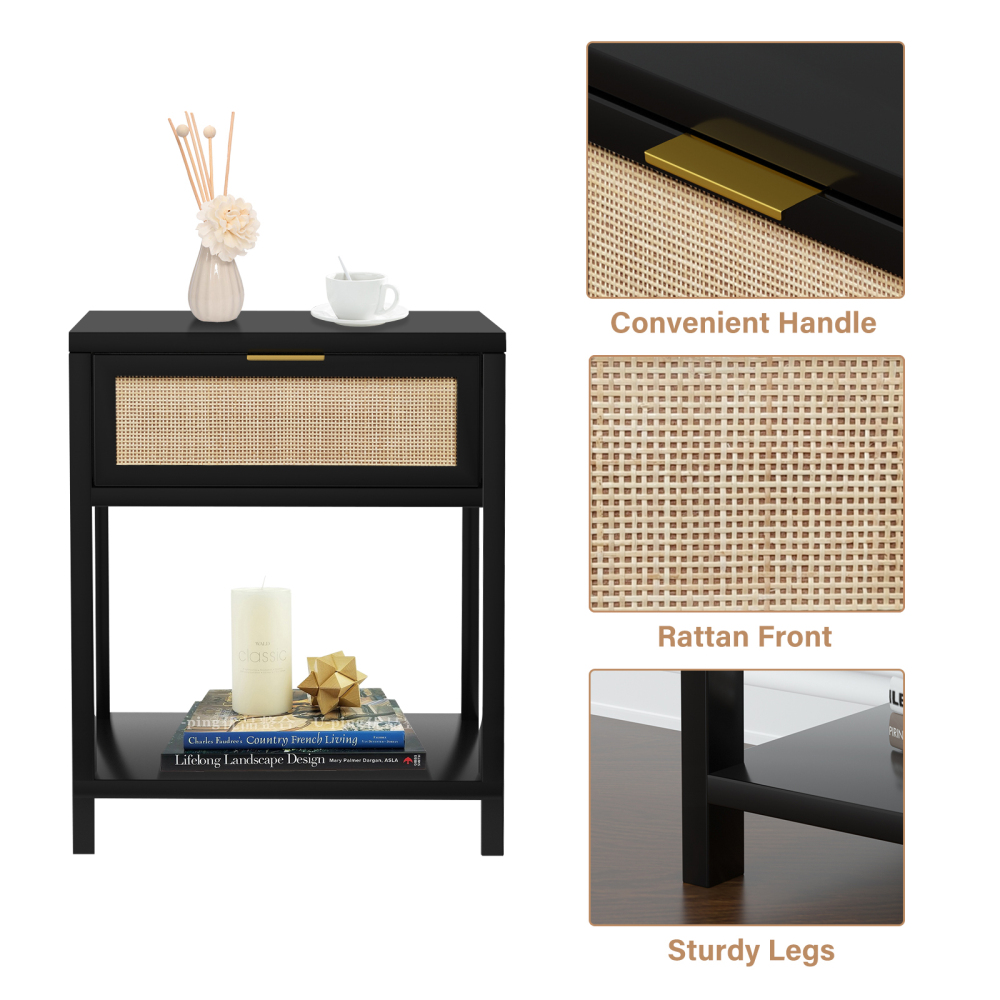 Nightstand With Rattan Drawer Side Table Bedside End Table