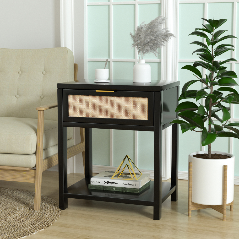 Nightstand With Rattan Drawer Side Table Bedside End Table