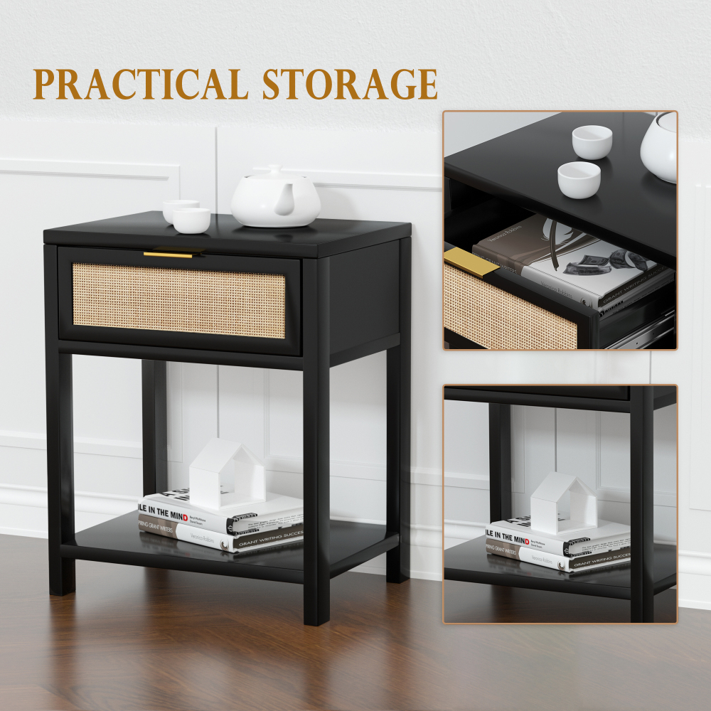 Nightstand With Rattan Drawer Side Table Bedside End Table