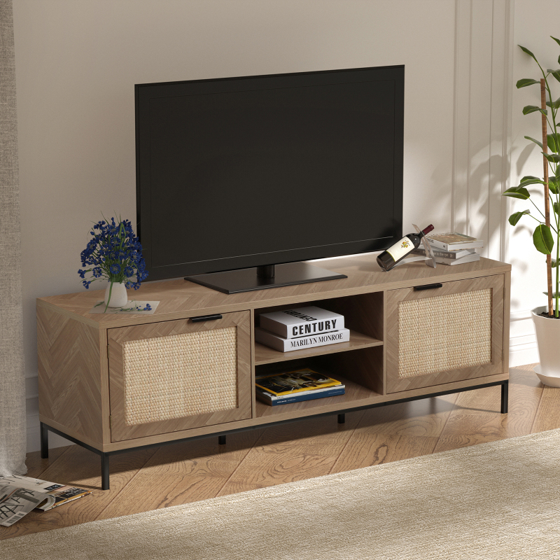 Anmytek Rattan TV Stand for 65 Inch TV, TV Console Table with 2 Rattan Doors