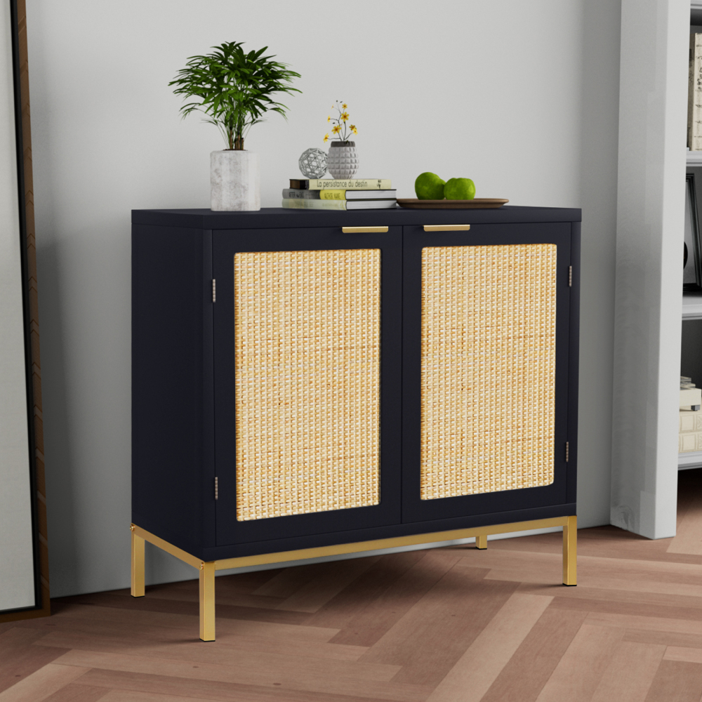 Anmytek Rustic Oak Accent Storage Cabinet with 2 Rattan Doors, Mid Century Natural Wood Sideboard Furniture for Living Room