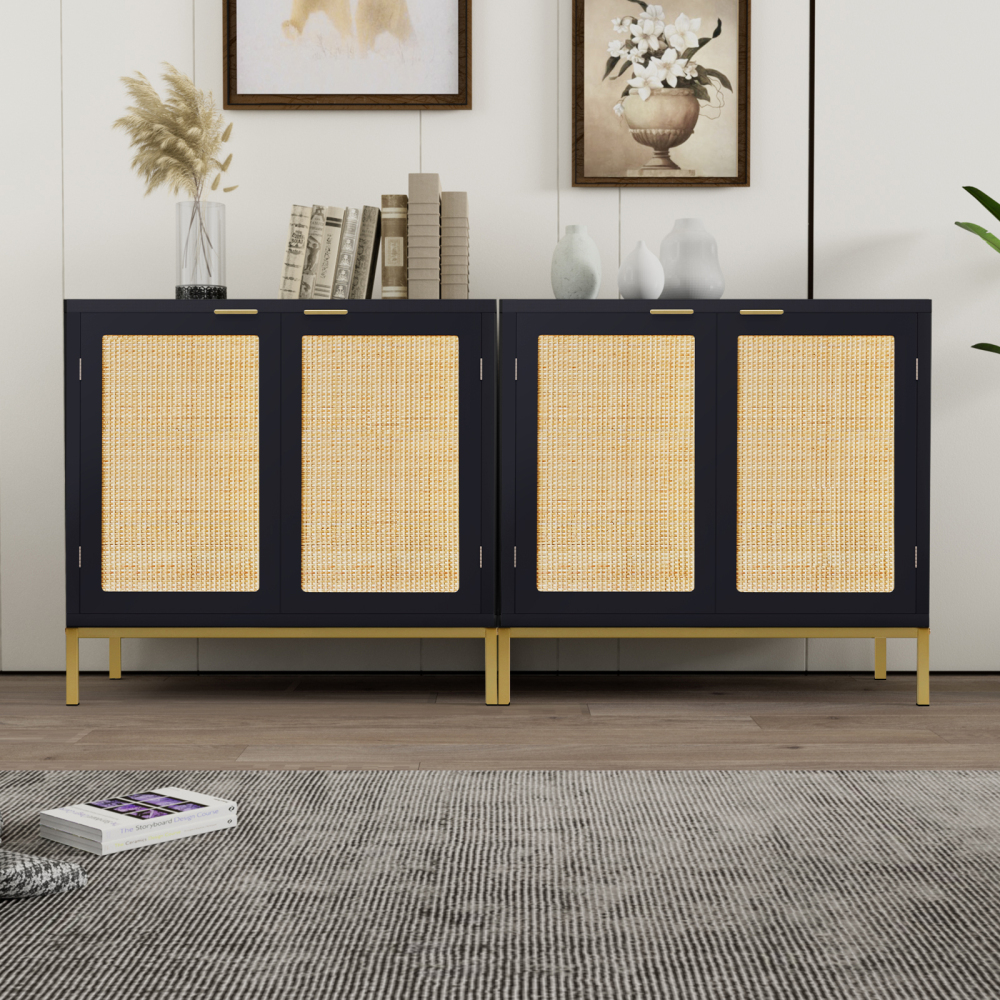 Anmytek Rattan Storage Cabinet with 2 Rattan Doors Fixed Shelf Large Space