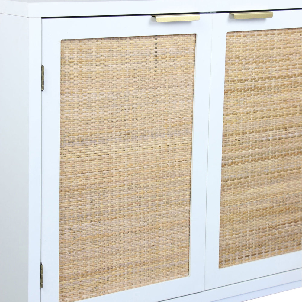 Anmytek Rustic Oak Accent Storage Cabinet with 2 Rattan Doors, Mid Century Natural Wood Sideboard Furniture for Living Room