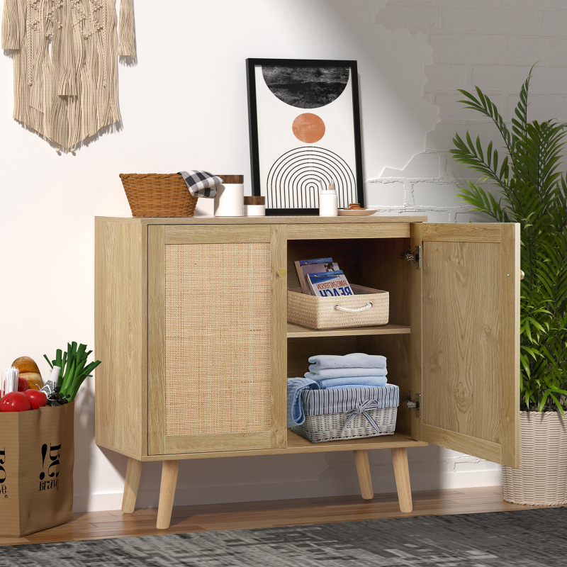 Anmytek Rattan Storage Cabinet with 2 Doors and 3 Drawers Wood Sideboard Buffet
