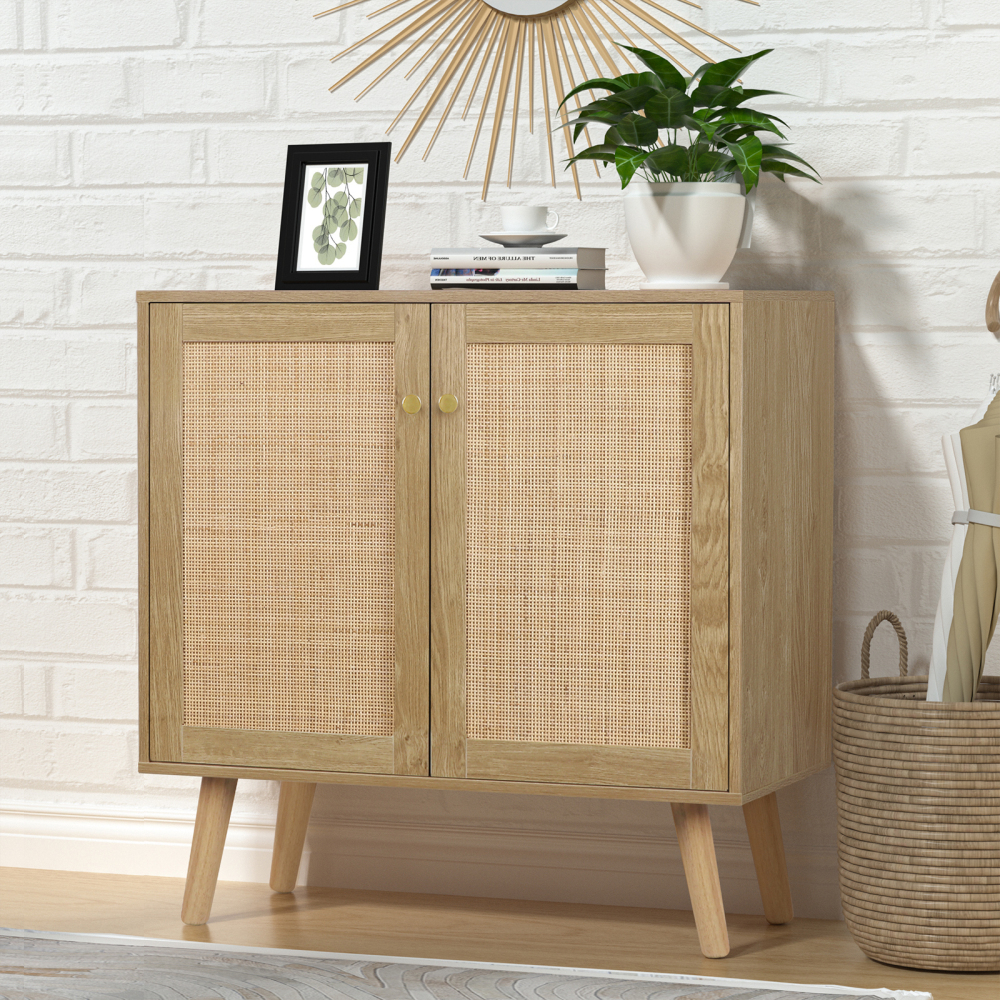 Anmytek Rattan Storage Cabinet with 2 Doors and 3 Drawers Wood Sideboard Buffet