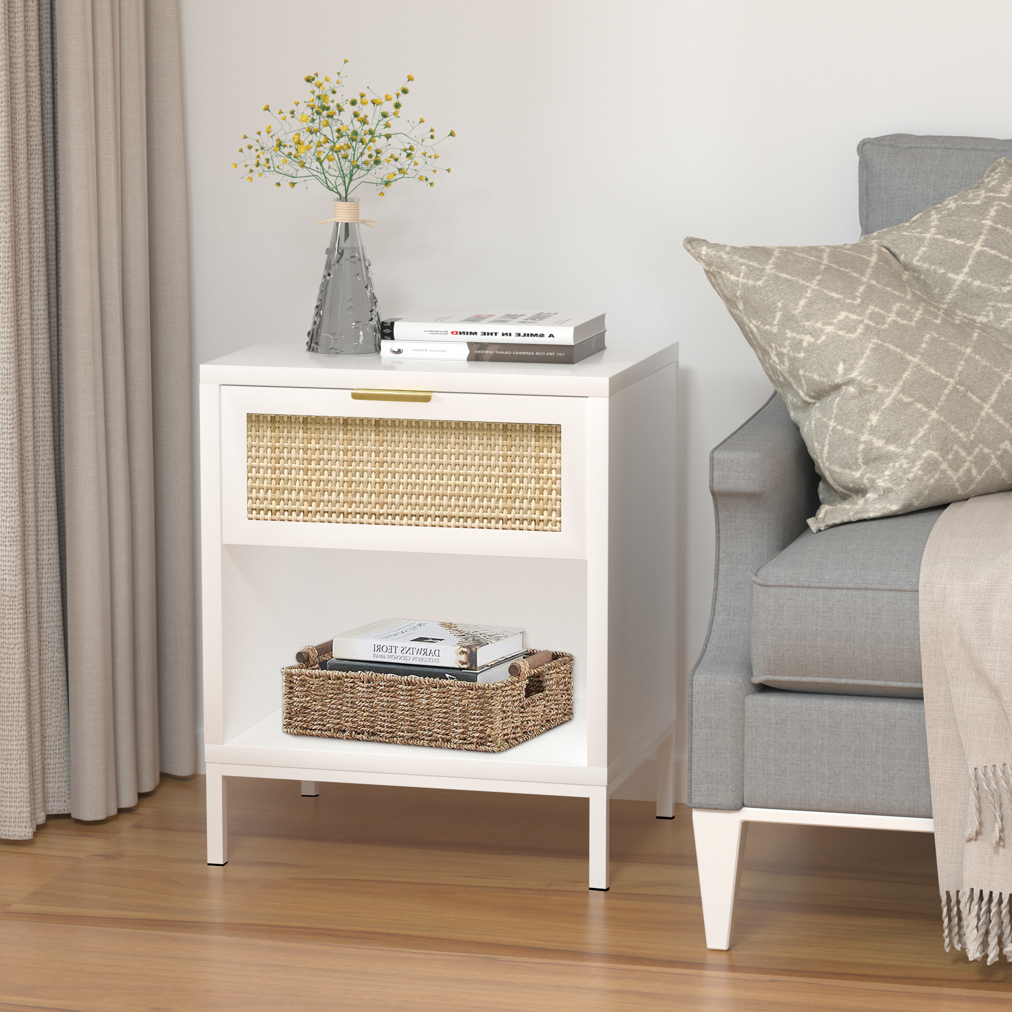 Anmytek Wood Nightstand 24" H End Table with Storage Drawer and Open Shelf