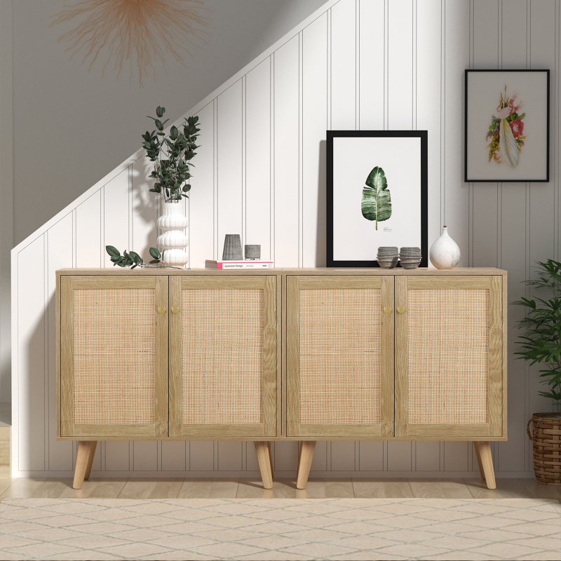Anmytek Rattan Storage Cabinet with 2 Doors and 3 Drawers Wood Sideboard Buffet