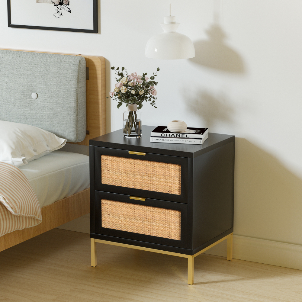 Anmytek Natural Rattan 2 Drawer Nightstand, Wood Storage Cabinet Side Table