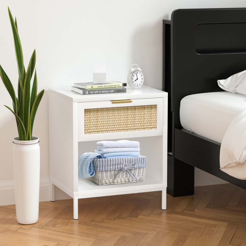 Nightstand With Rattan Drawer Side Table Bedside End Table