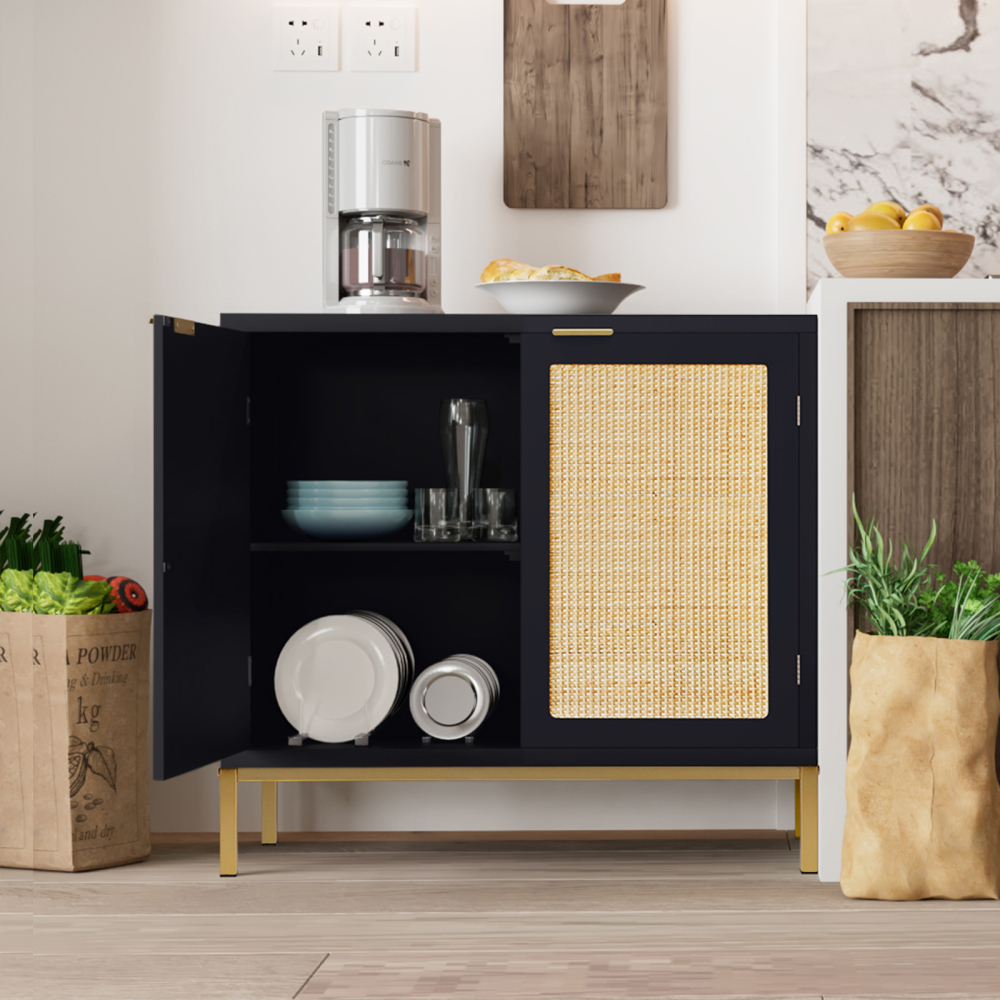 Anmytek Rustic Oak Accent Storage Cabinet with 2 Rattan Doors, Mid Century Natural Wood Sideboard Furniture for Living Room