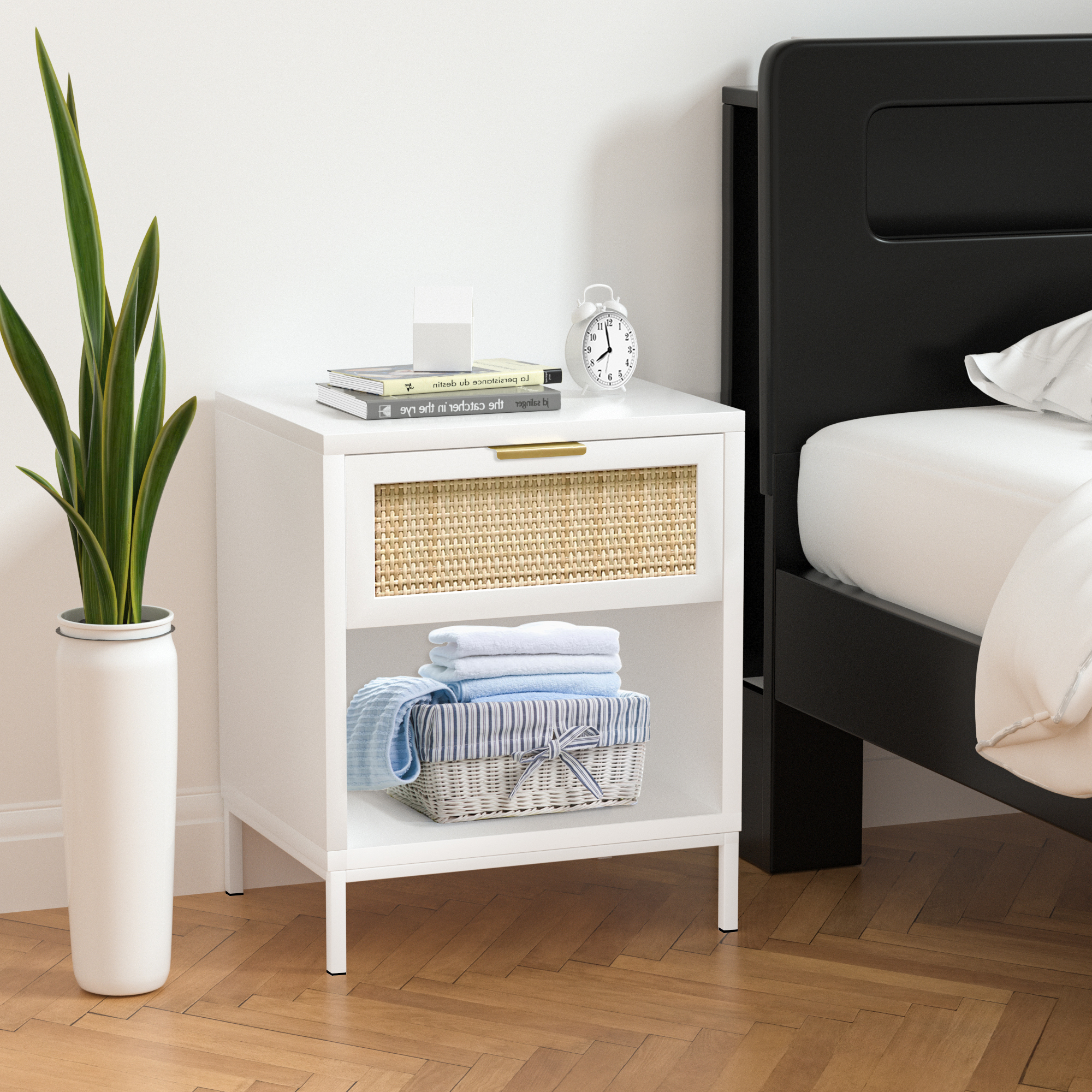 Anmytek Wood Nightstand 24" H End Table with Storage Drawer and Open Shelf
