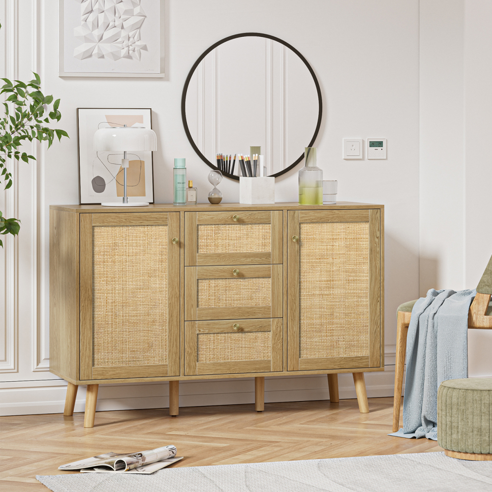 Rattan Sideboard Buffet Cabinet, 3 Drawers and 2 Doors