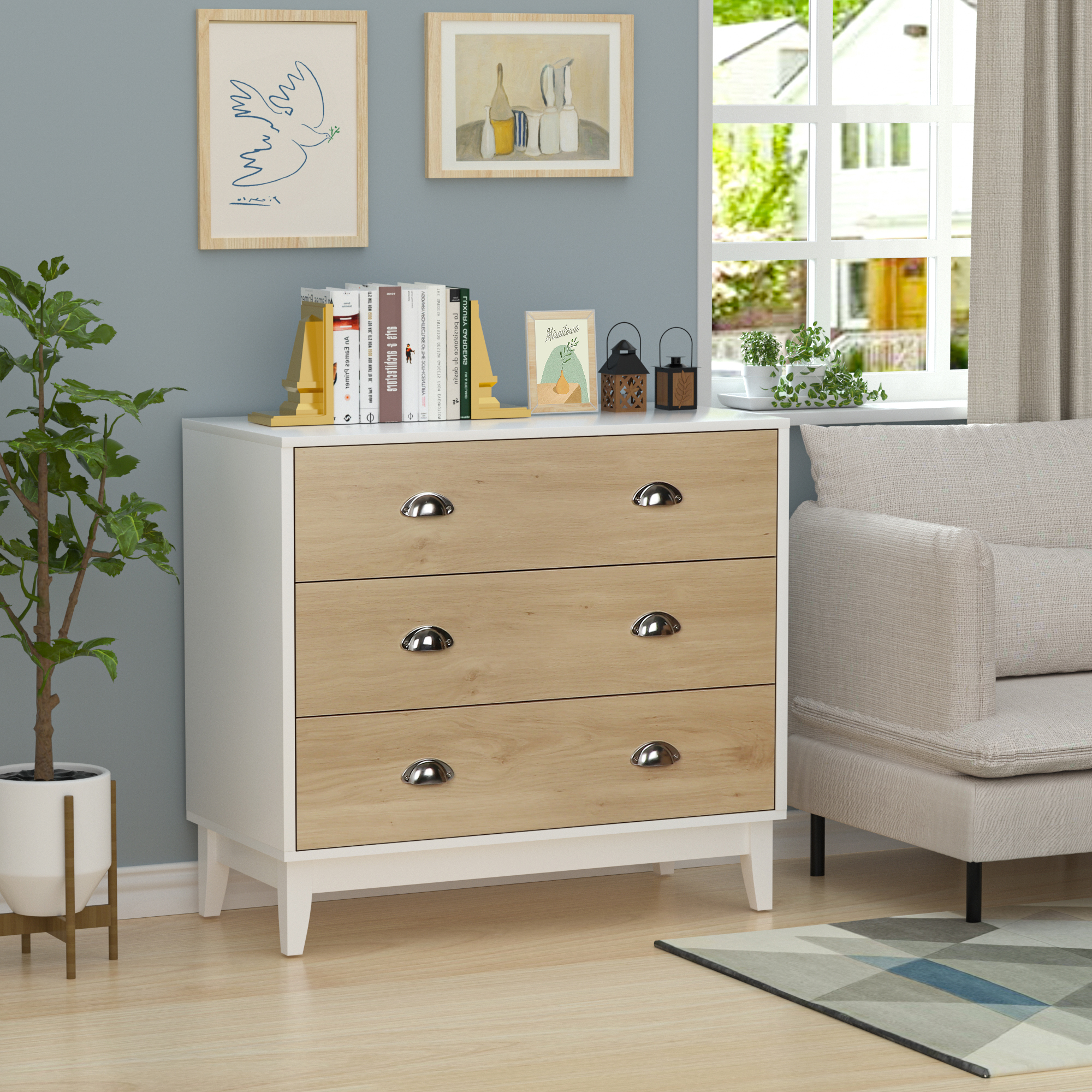 Wooden Dresser, Modern Chest with 3 Drawers