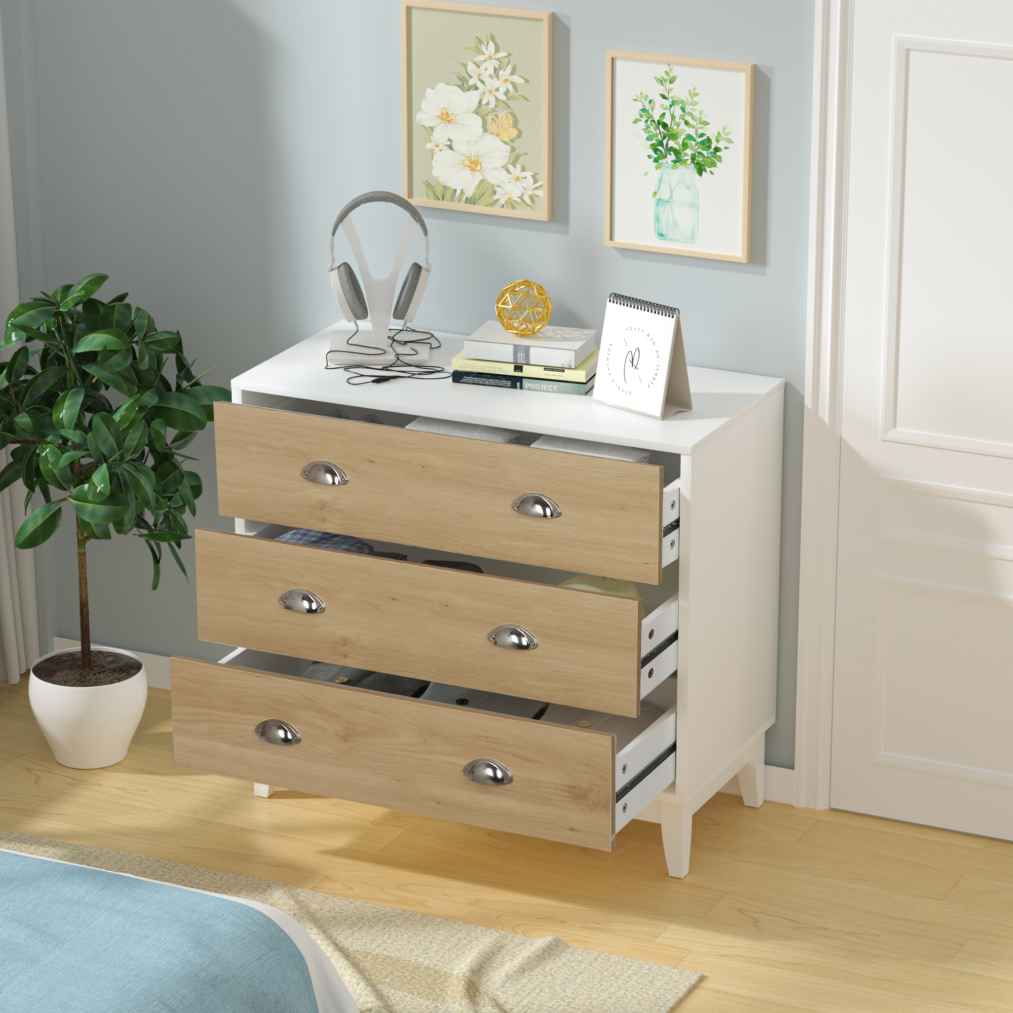 Wooden Dresser, Modern Chest with 3 Drawers