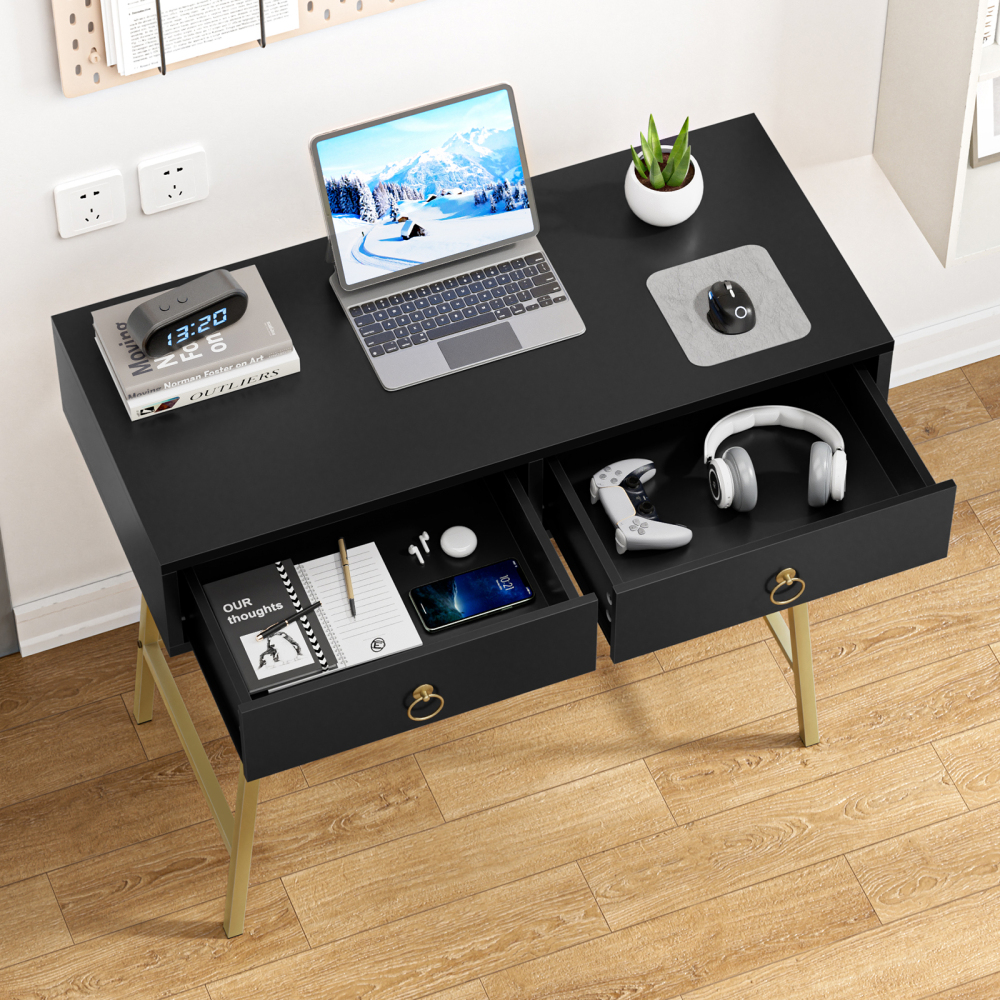 Home Office Desk Black Writing Desk with 2 Drawers  Makeup Vanity