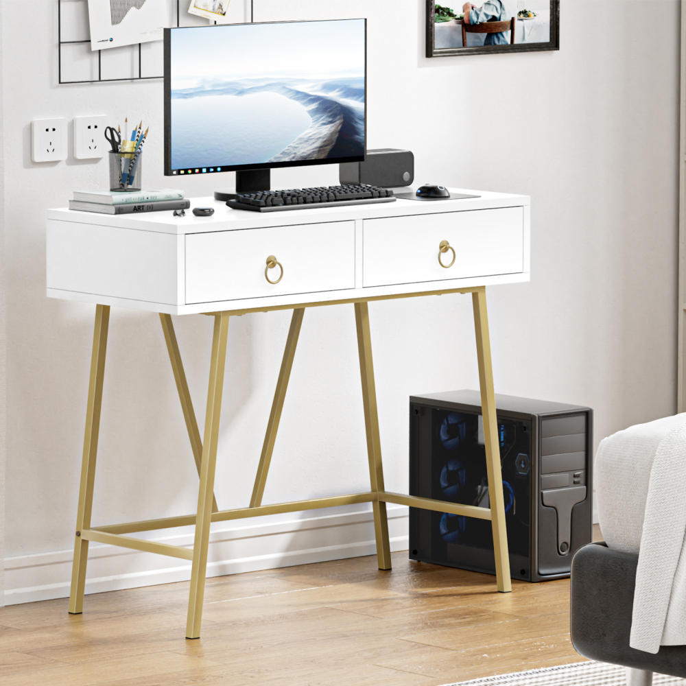 Home Office Desk Black Writing Desk with 2 Drawers  Makeup Vanity