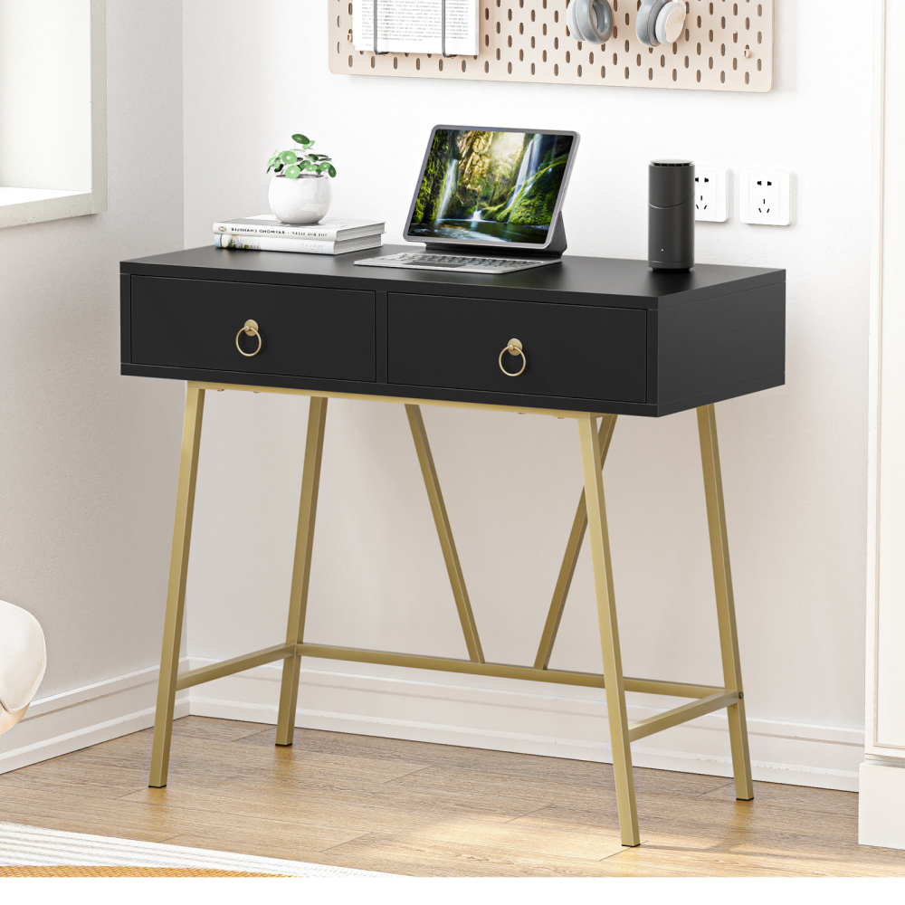 Home Office Desk Black Writing Desk with 2 Drawers  Makeup Vanity