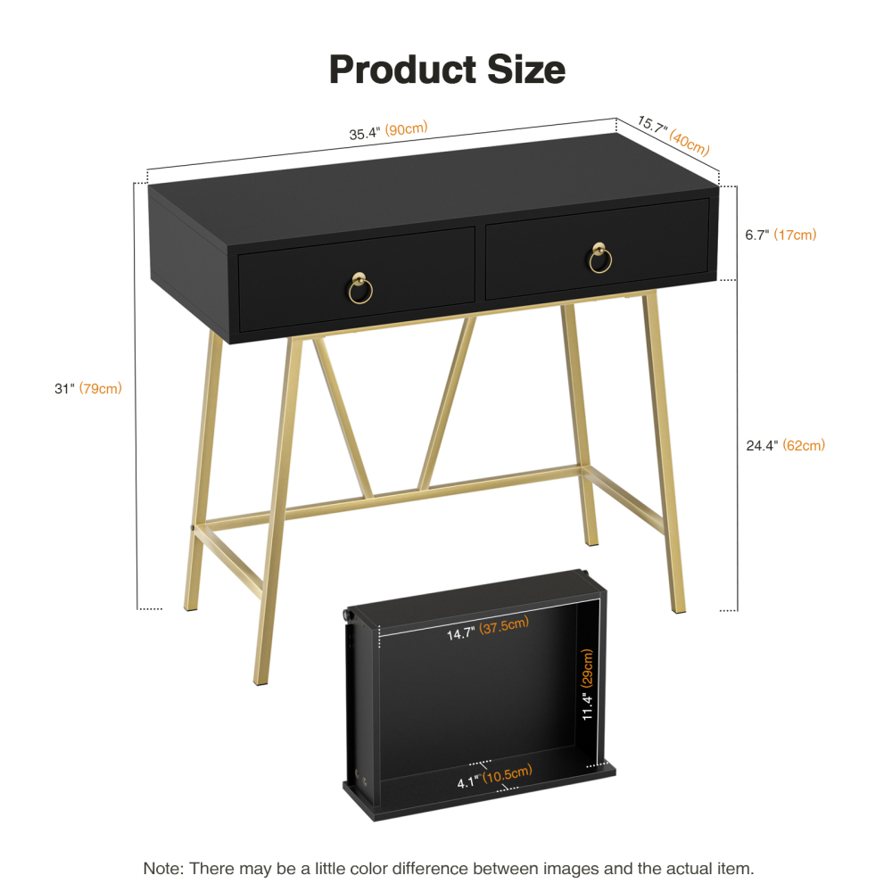 Home Office Desk Black Writing Desk with 2 Drawers  Makeup Vanity