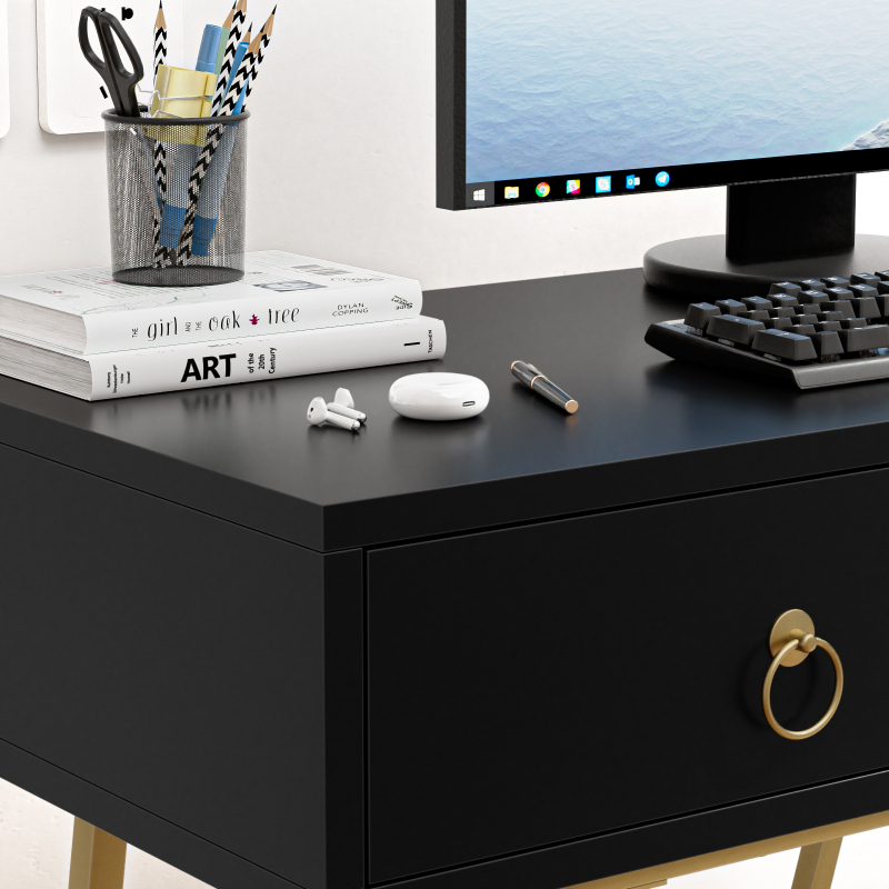 Home Office Desk Black Writing Desk with 2 Drawers  Makeup Vanity