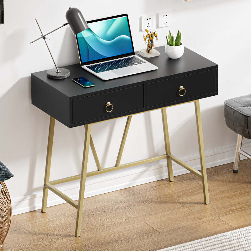 Home Office Desk Black Writing Desk with 2 Drawers  Makeup Vanity