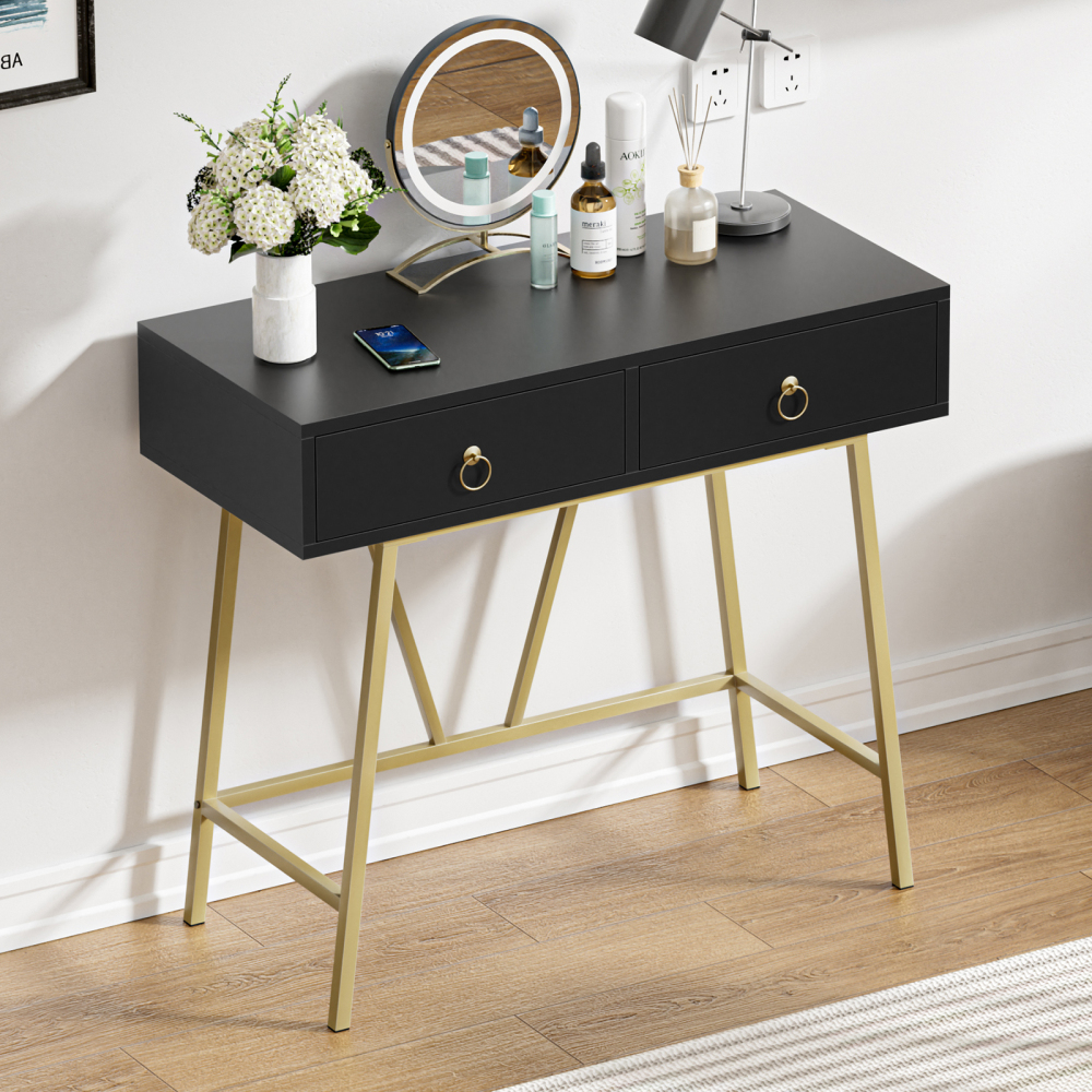 Home Office Desk Black Writing Desk with 2 Drawers  Makeup Vanity