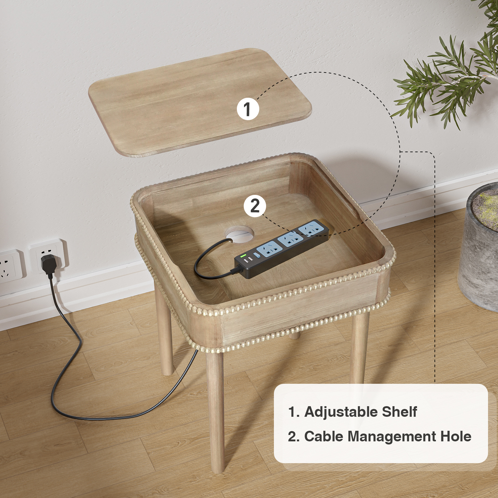 End Table Accent Bedside Table with Wire Management Nightstand