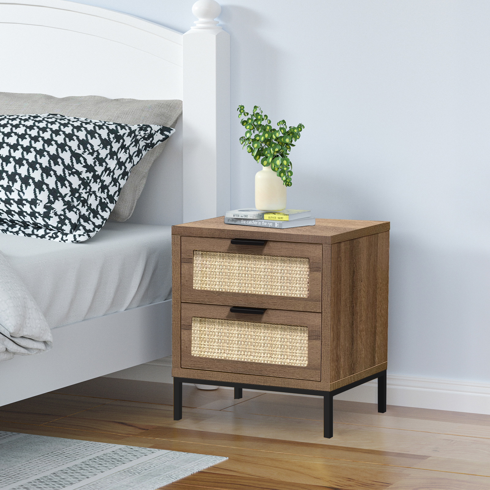 Mid Century Nightstand with 2 Drawers Side Table Bedside End Table
