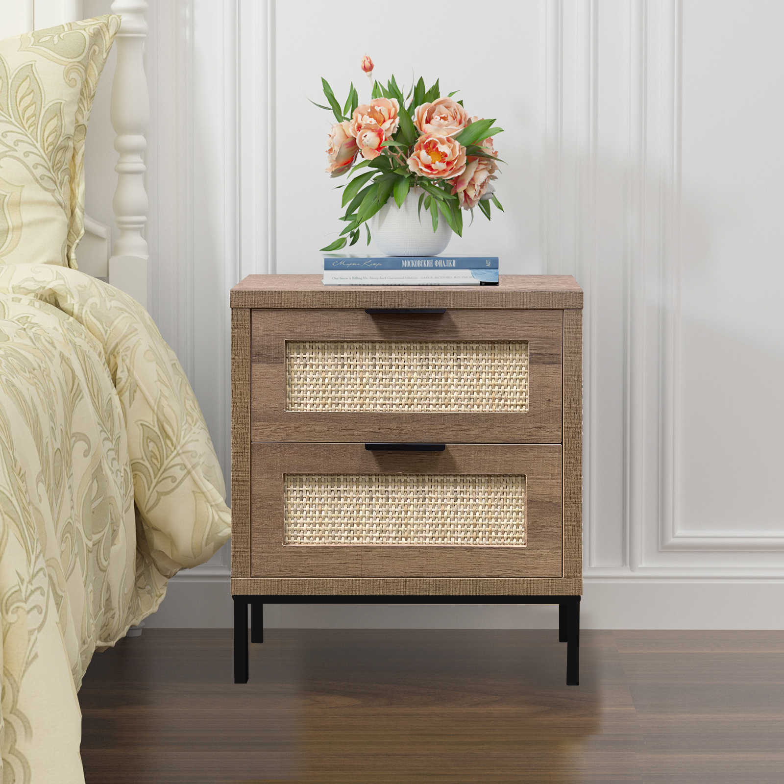Mid Century Nightstand with 2 Drawers Side Table Bedside End Table
