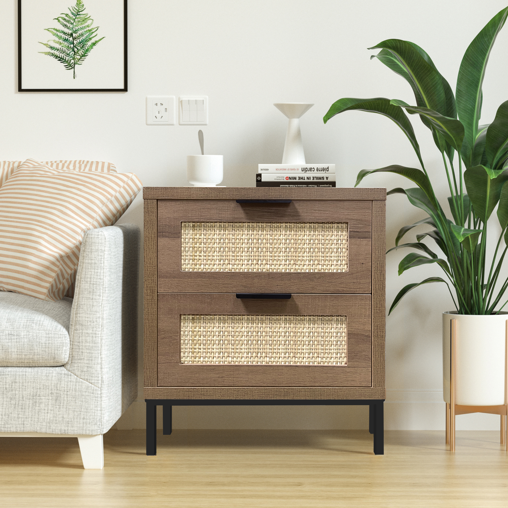 Mid Century Nightstand with 2 Drawers Side Table Bedside End Table