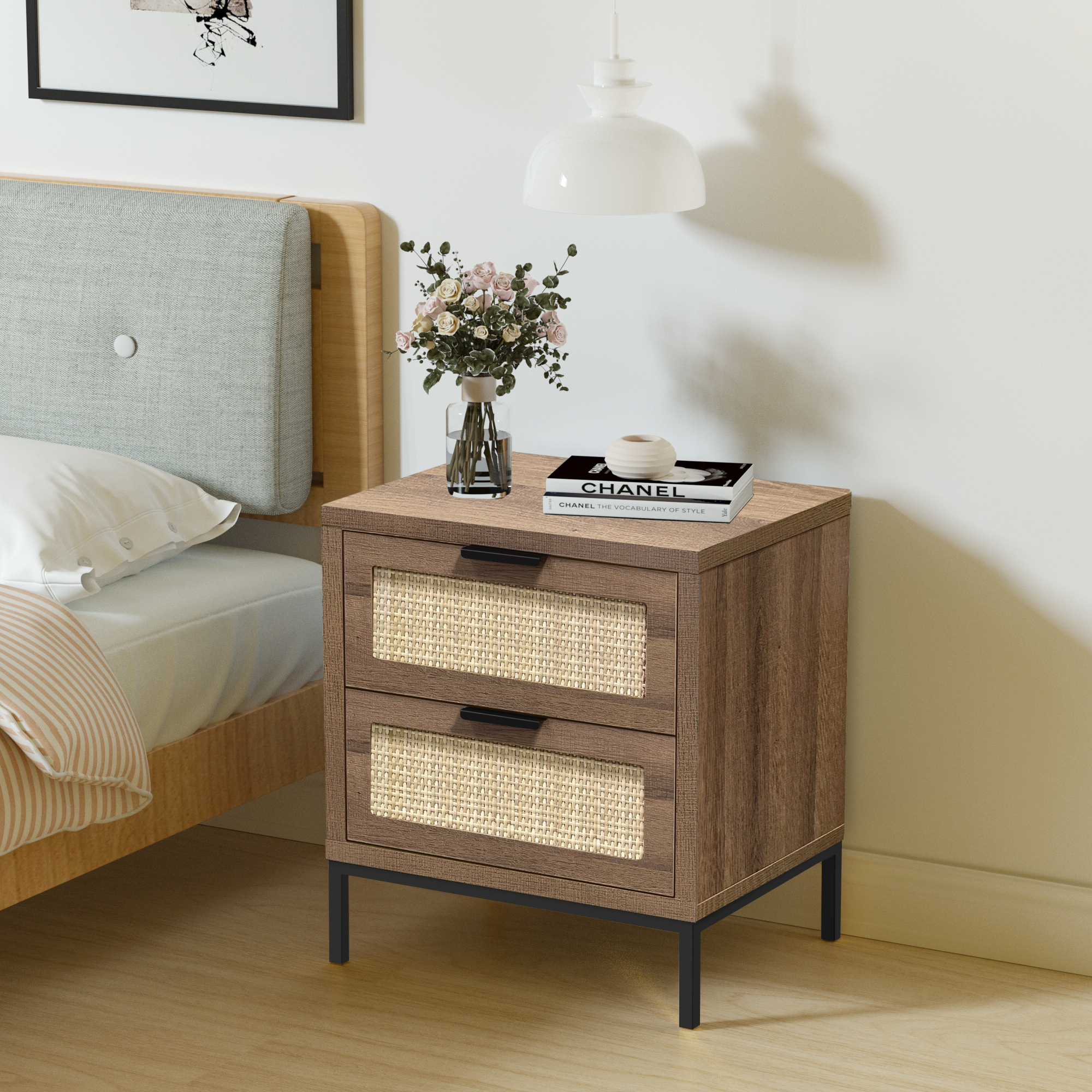 Mid Century Nightstand with 2 Drawers Side Table Bedside End Table