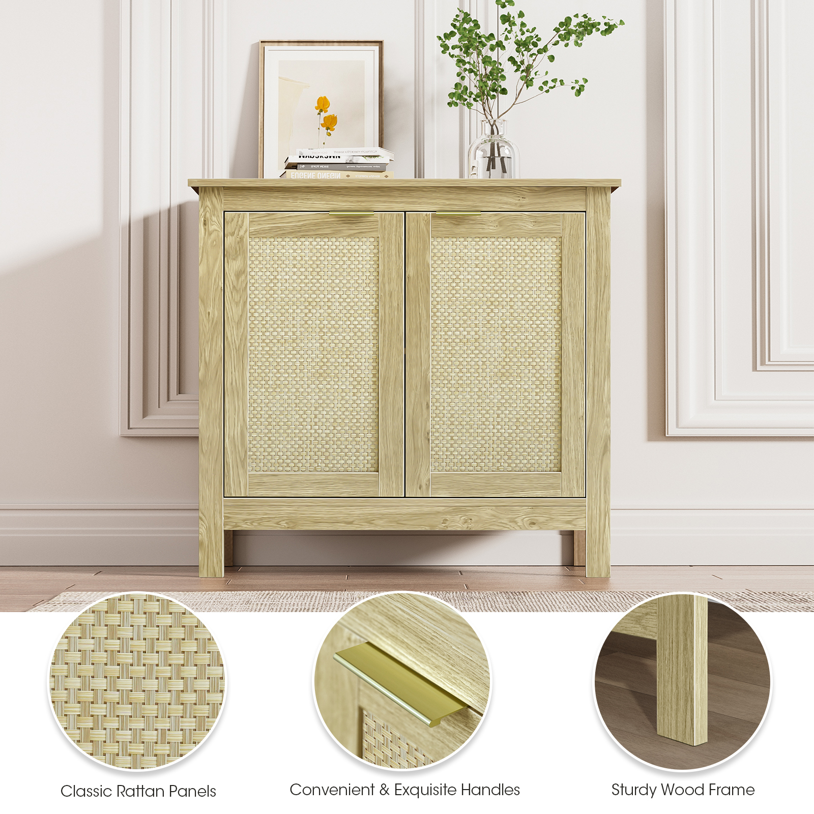 Sideboard Buffet Storage Cabinet, Farmhouse Console Table with 2 Rattan Doors
