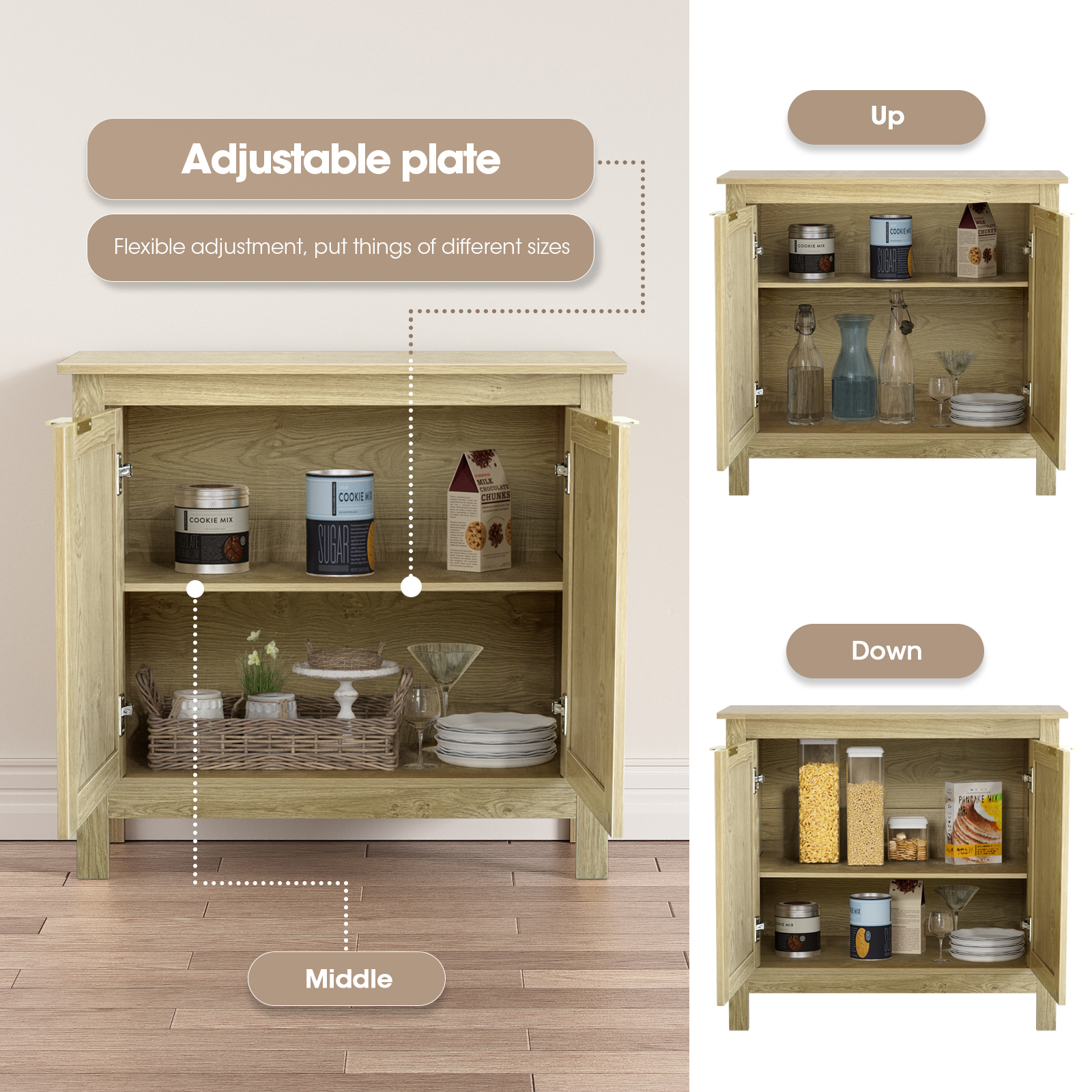 Sideboard Buffet Storage Cabinet, Farmhouse Console Table with 2 Rattan Doors