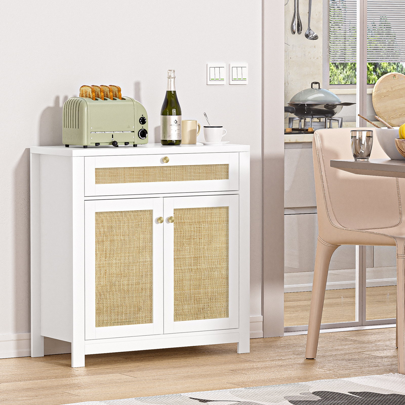 Rattan Sideboard Cabinet, Kitchen Buffet Cabinet Storage with Door and Drawer Console Table