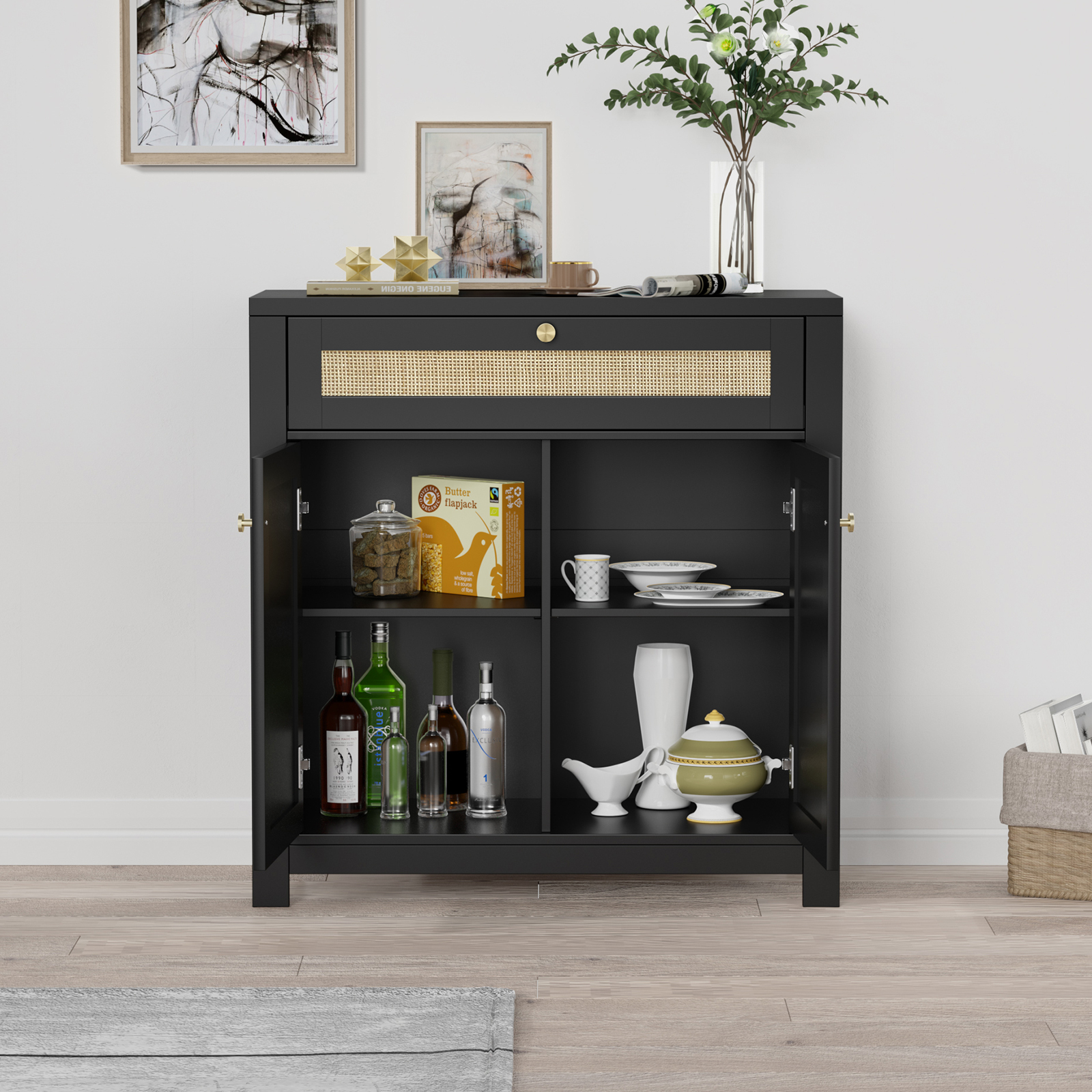 Rattan Sideboard Cabinet, Kitchen Buffet Cabinet Storage with Door and Drawer Console Table