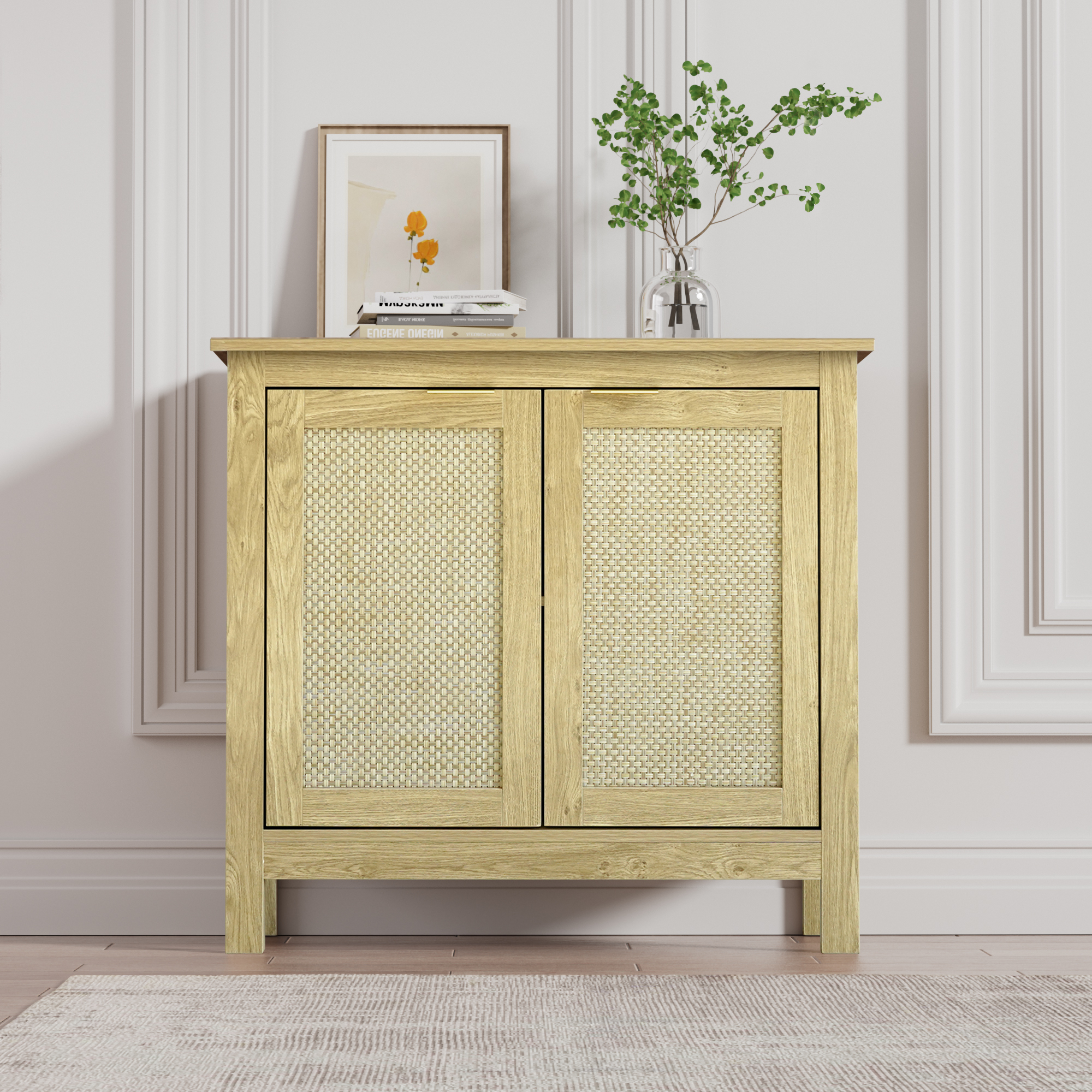 Sideboard Buffet Storage Cabinet, Farmhouse Console Table with 2 Rattan Doors