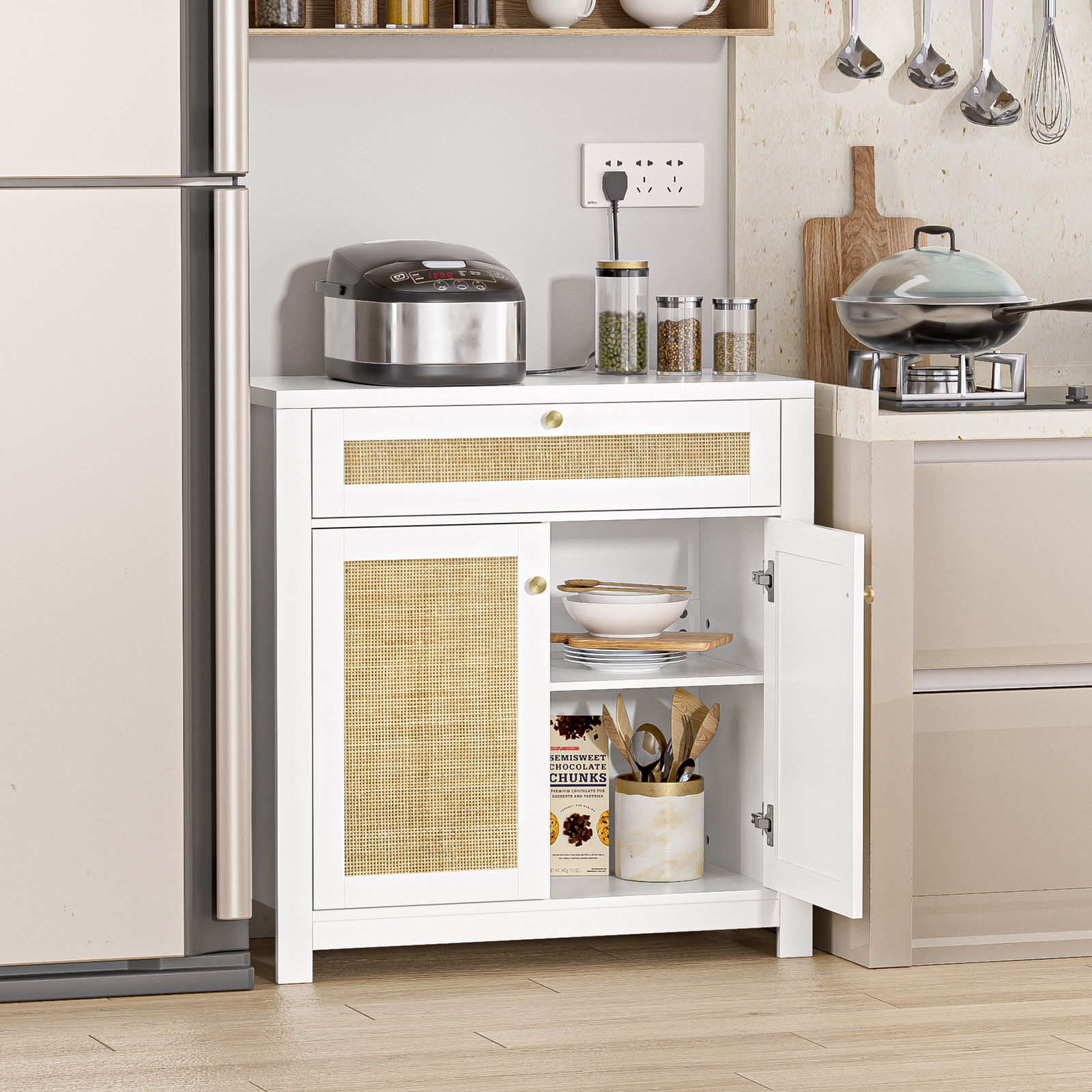 Rattan Sideboard Cabinet, Kitchen Buffet Cabinet Storage with Door and Drawer Console Table