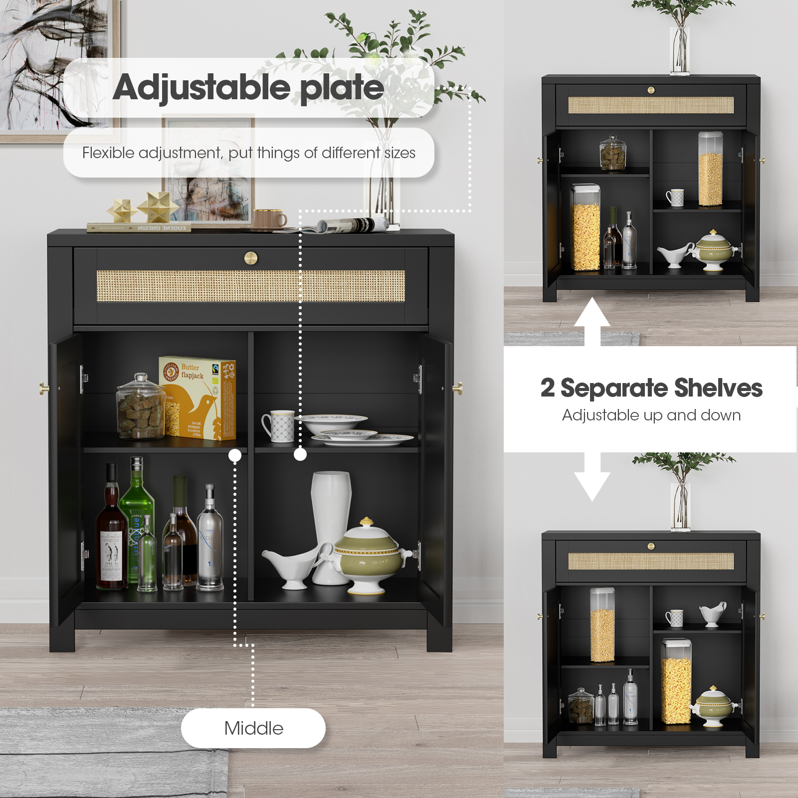 Rattan Sideboard Cabinet, Kitchen Buffet Cabinet Storage with Door and Drawer Console Table
