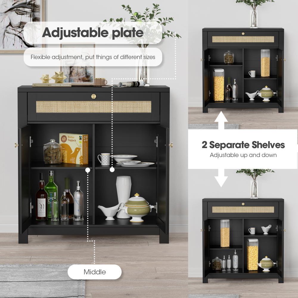 Rattan Sideboard Cabinet, Kitchen Buffet Cabinet Storage with Door and Drawer Console Table
