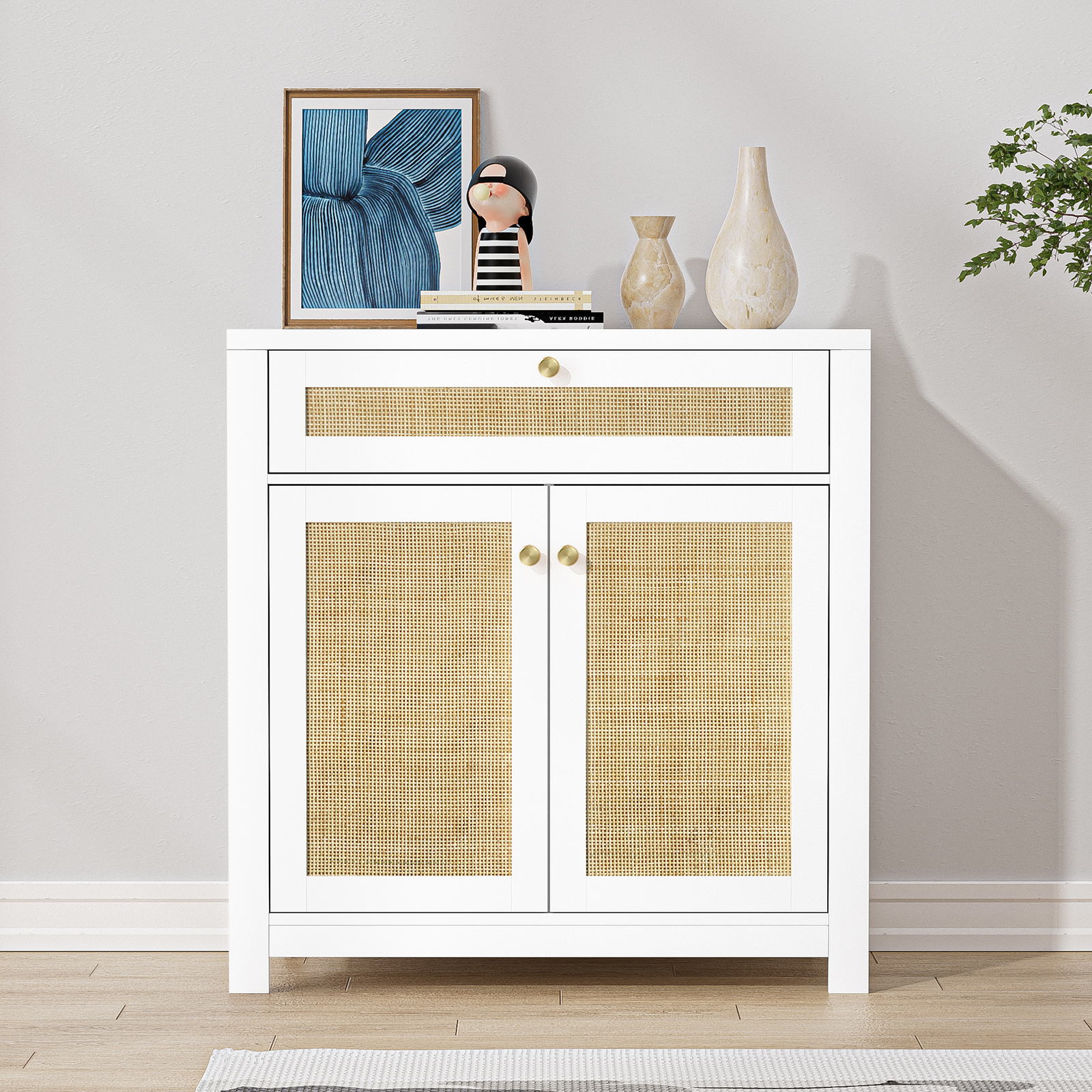 Rattan Sideboard Cabinet, Kitchen Buffet Cabinet Storage with Door and Drawer Console Table