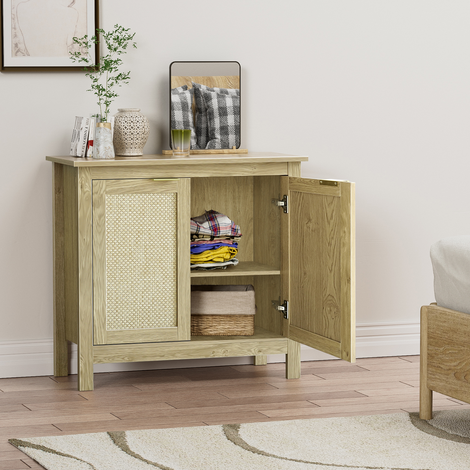 Sideboard Buffet Storage Cabinet, Farmhouse Console Table with 2 Rattan Doors