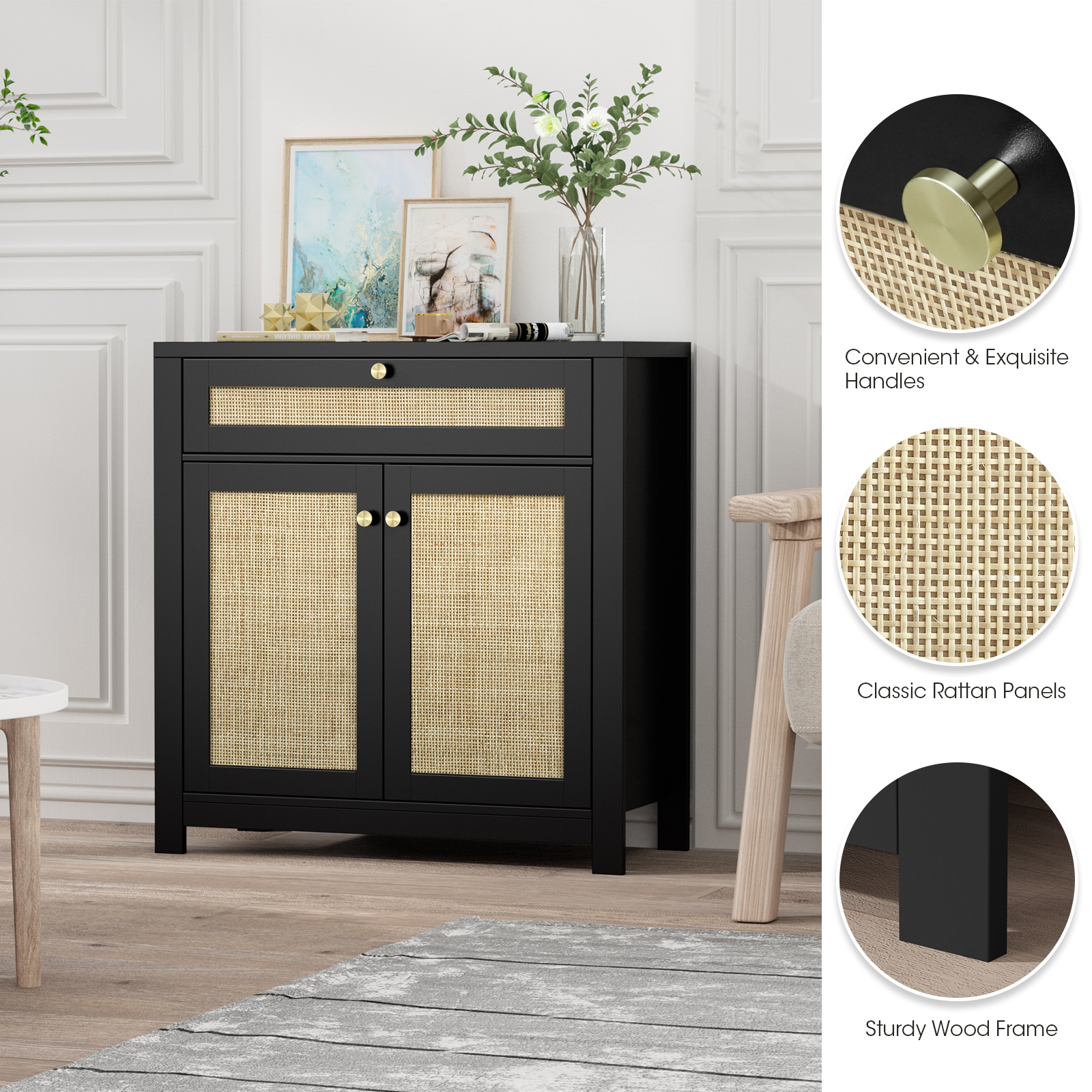 Rattan Sideboard Cabinet, Kitchen Buffet Cabinet Storage with Door and Drawer Console Table