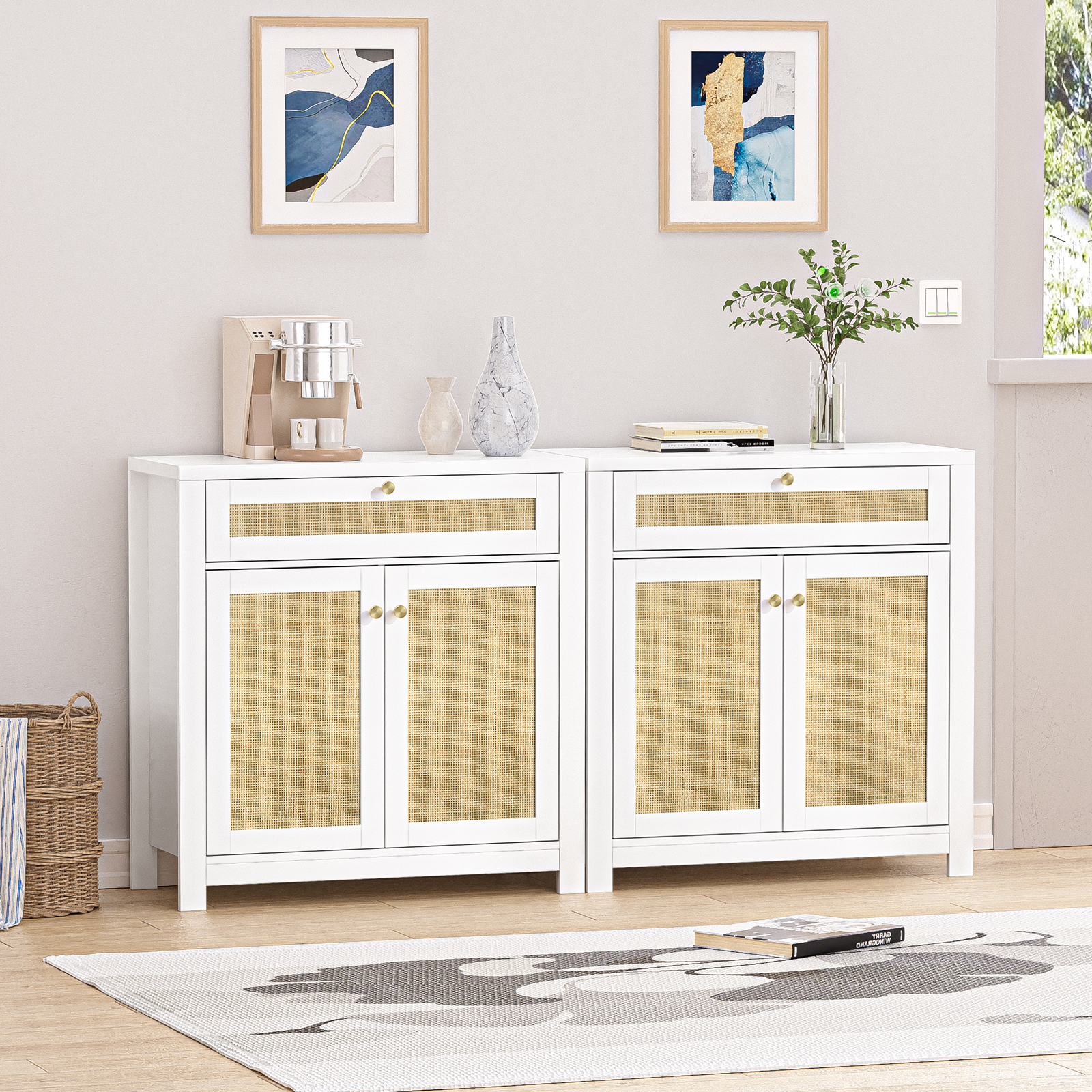Rattan Sideboard Cabinet, Kitchen Buffet Cabinet Storage with Door and Drawer Console Table