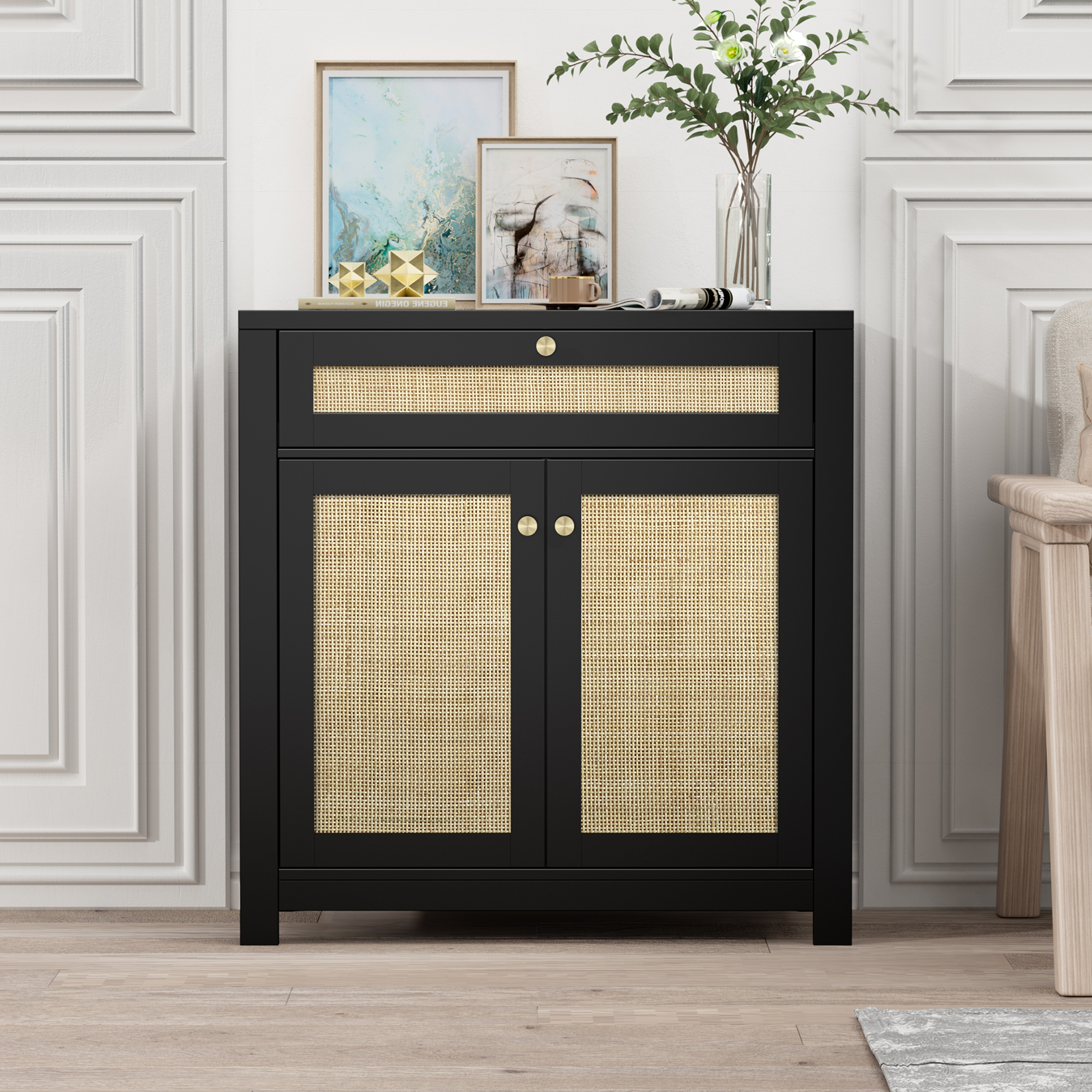 Rattan Sideboard Cabinet, Kitchen Buffet Cabinet Storage with Door and Drawer Console Table