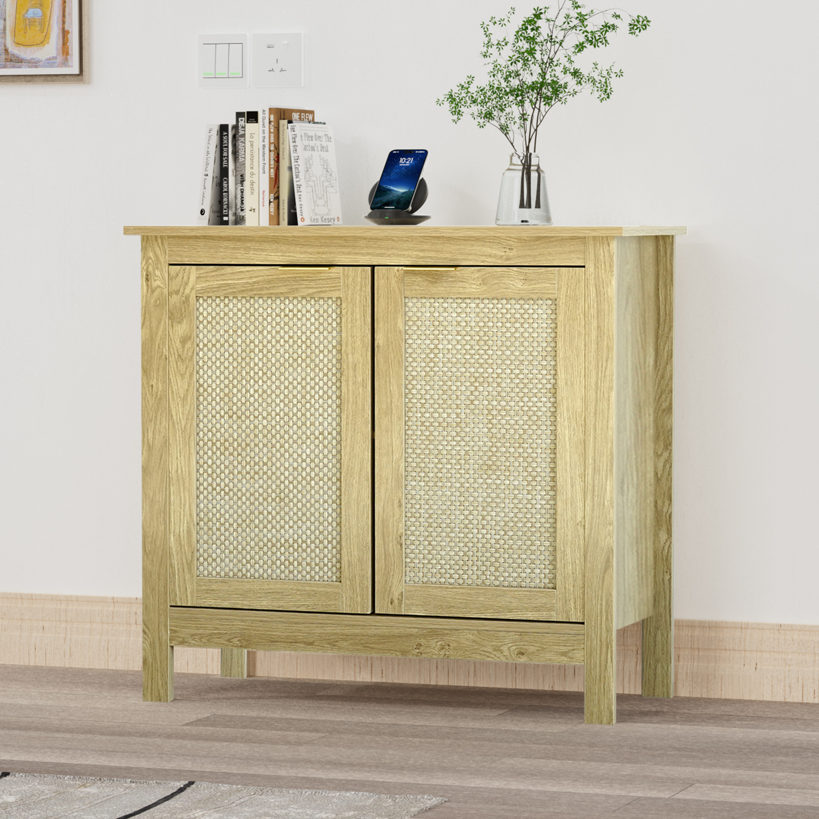 Sideboard Buffet Storage Cabinet, Farmhouse Console Table with 2 Rattan Doors