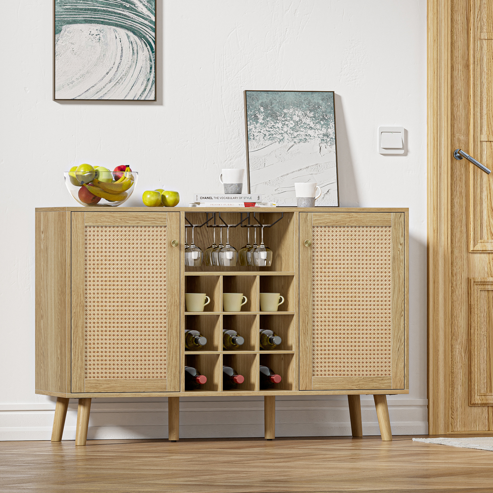 Rattan Wine Bar Cabinet 2-Door Farmhouse Liquor Cabinet with Wine Rack and Glass Holder, Rustic Sideboard Buffet Storage