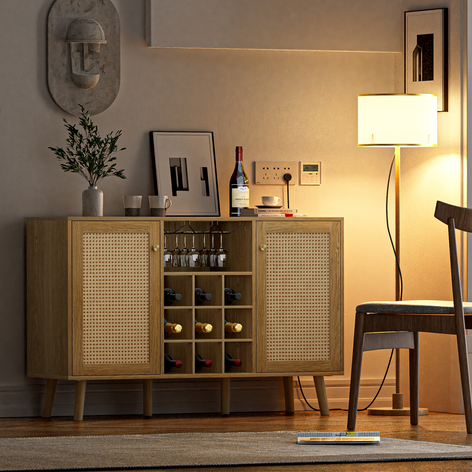 Rattan Wine Bar Cabinet 2-Door Farmhouse Liquor Cabinet with Wine Rack and Glass Holder, Rustic Sideboard Buffet Storage