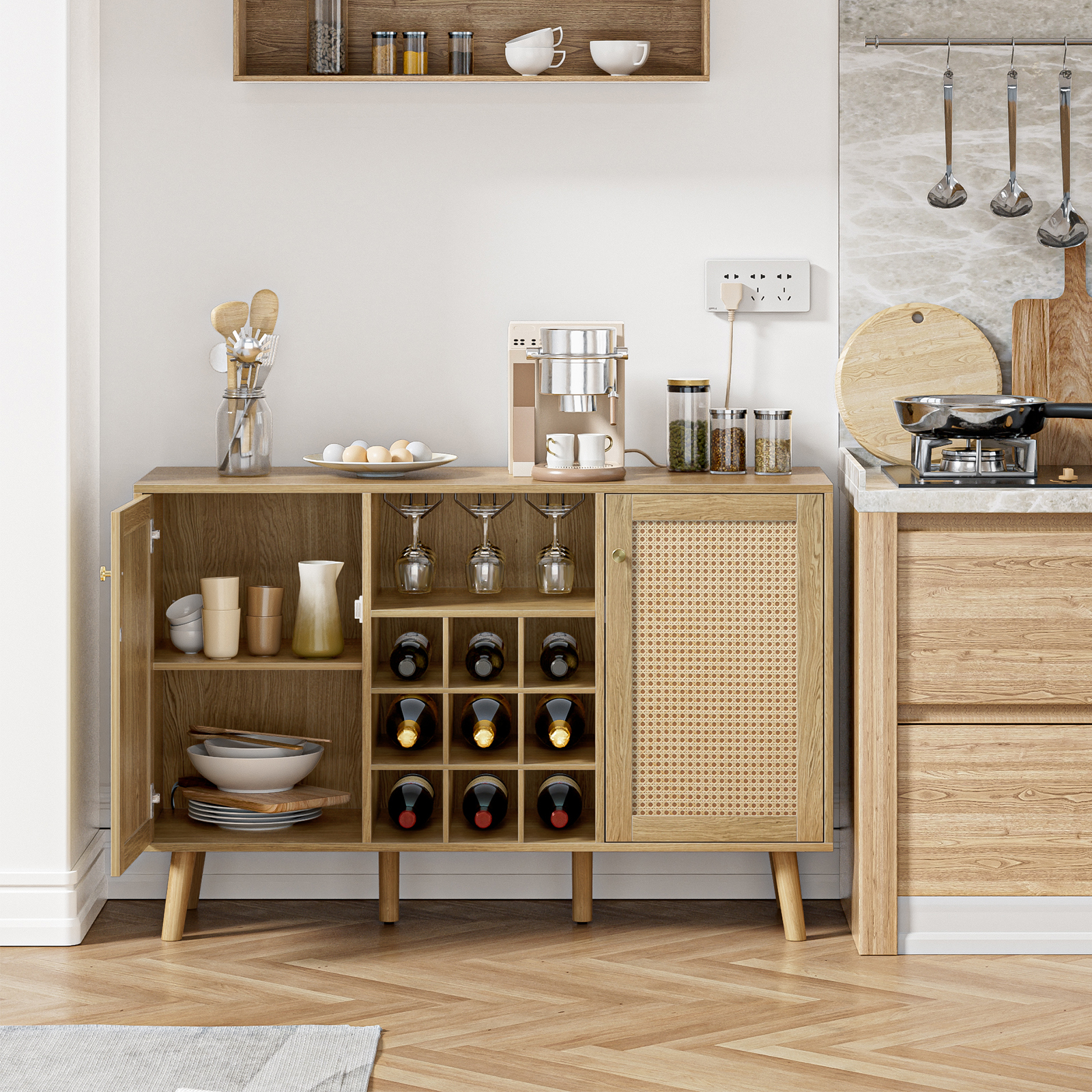 Rattan Wine Bar Cabinet 2-Door Farmhouse Liquor Cabinet with Wine Rack and Glass Holder, Rustic Sideboard Buffet Storage